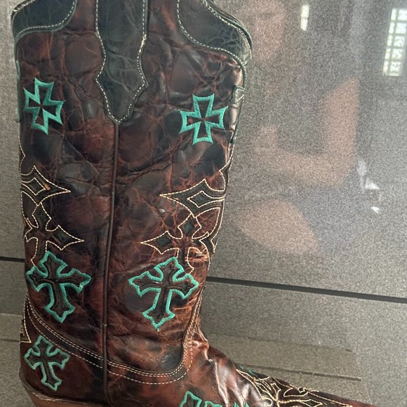 Corral Woman's Whiskey Turquoise 3 Cross Square Toe Boot - Size 9